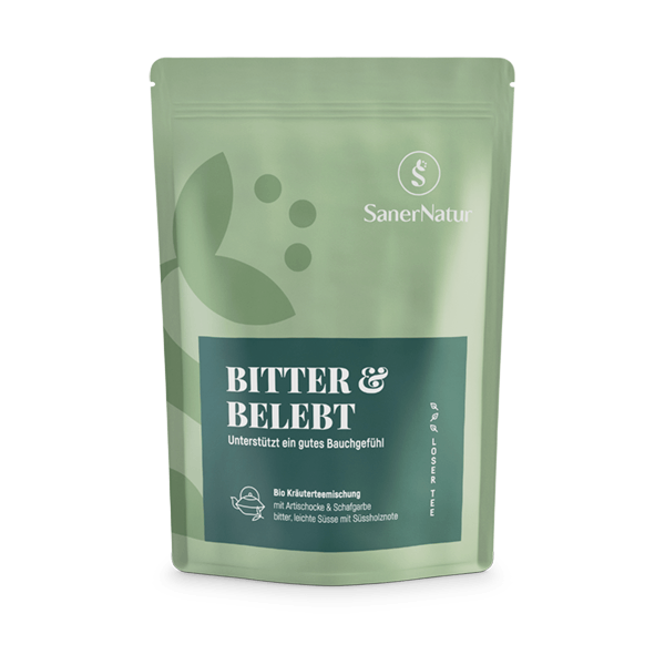 Bio-Teemischung Bitter & Belebt – Beutel mit Pflanzen: Schafgarbe, Süssholz, Artischocke, Pfefferminze, Löwenzahn, Ringelblume, Orangen