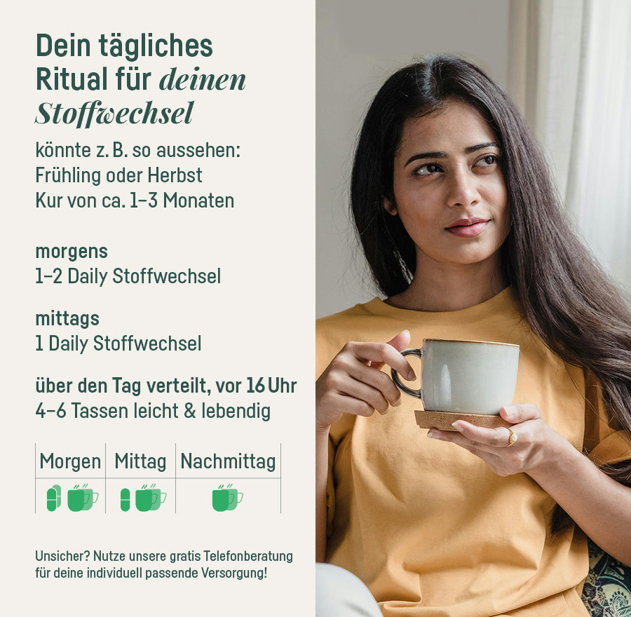 Stoffwechsel-Duo – tägliches Ritual für deinen Stoffwechsel: Daily Stoffwechsel morgens und mittags, Leicht & Lebendig über den Tag, Frau mit Teetasse