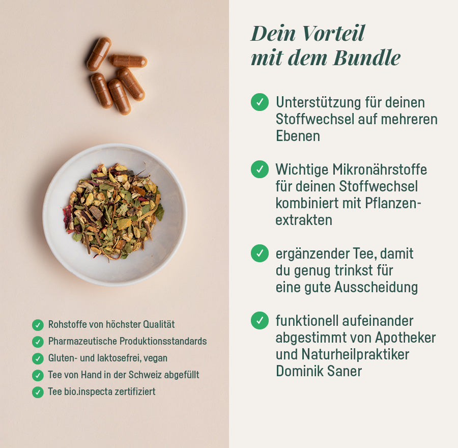 Stoffwechsel-Duo – deine Vorteile: Unterstützung für deinen Stoffwechsel auf mehreren Ebenen, Teeschale und Kapseln